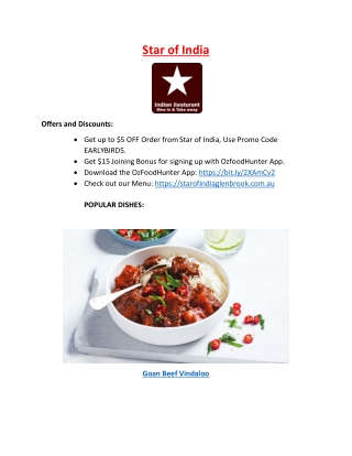 $5 off - Star of India Restaurant Menu Glenbrook, NSW