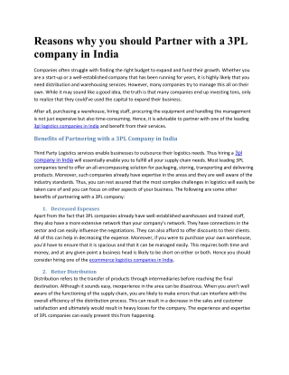 Reasons why you should Partner with a 3PL company in India