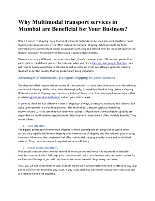 Why Multimodal transport services in Mumbai are Beneficial for Your Business