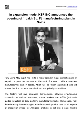 In expansion mode, KSP INC announces the opening of 1 Lakh Sq. Ft manufacturing plant in Noida