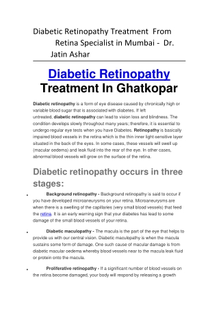 Diabetic Retinopathy Treatment From Retina Specialist in Mumbai -Dr. Jatin Ashar
