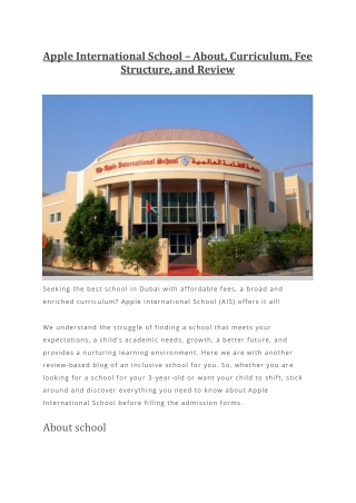 Apple International School – About Curriculum Fee Structure and Review