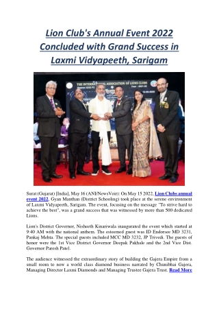 Lion Club's Annual Event 2022 Concluded with Grand Success in Laxmi Vidyapeeth, Sarigam