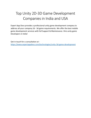 Top Unity 2D-3D Game Development Companies in India and USA