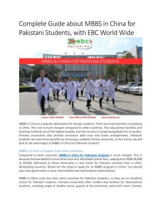 Complete Guide about MBBS in China for Pakistani Students, with EBC World Wide