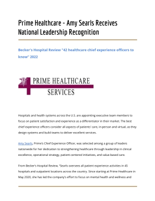 Prime Healthcare - Amy Searls Receives National Leadership Recognition