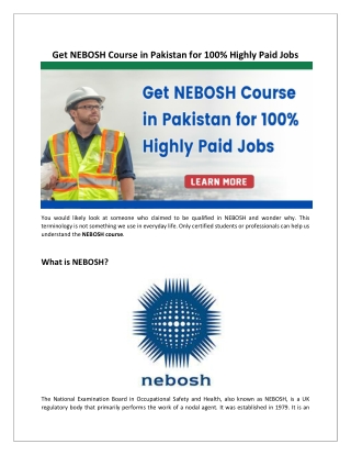 Get NEBOSH Course in Pakistan for 100% Highly Paid Jobs