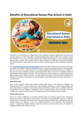 Benefits of educational games play school in Delhi - Learning Matters