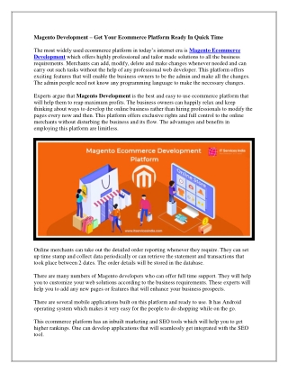 Magento Development – Get Your Ecommerce Platform Ready In Quick Time