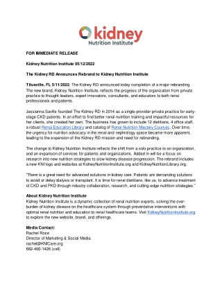 Kidney RD Announces Rebrand to Kidney Nutrition Institute