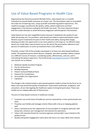 Use of Value Based Programs in Health Care