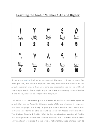 Learning the Arabic Number 1-10 and Higher
