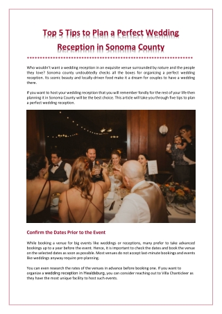 Top 5 Tips to Plan a Perfect Wedding Reception in Sonoma County