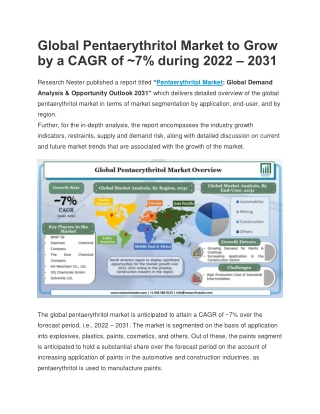 Pentaerythritol Market to Grow by a CAGR of ~7% during 2022 – 2031