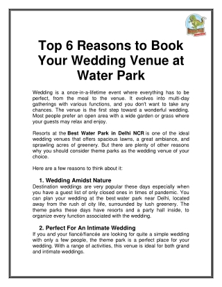 Top 6 Reasons to Book Your Wedding Venue at Water Park