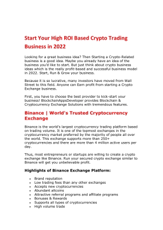 Start Your High ROI Based Crypto Trading Business