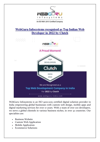 WebGuru Infosystems recognised as Top Indian Web Developer in 2022 by Clutch