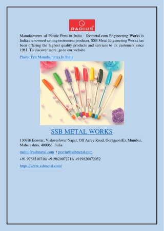 Plastic Pen Manufacturers in India Ssbmetal.com