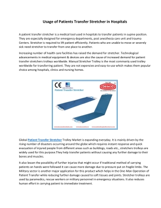 Usage of Patients Transfer Stretcher in Hospitals