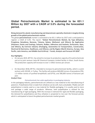 Global Petrochemicals Market is estimated to be 651