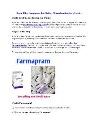 Should I Buy Farmapram 2mg Online  Alprazolam Solution of Anxiety