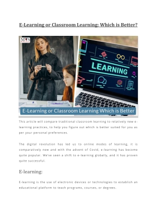 E-Learning or Classroom Learning - Which is Better