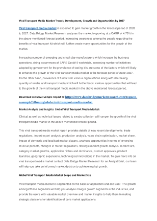 Viral Transport Media Market Trends, Development, Growth and Opportunities by 2027