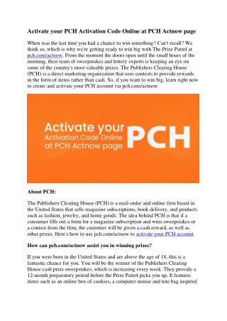 Activate your PCH Activation Code Online at PCH Actnow page