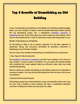 Top 8 Benefits of Demolishing an Old Building