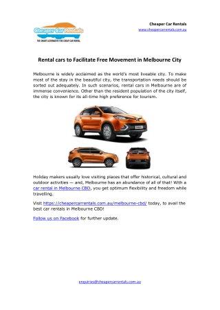 Rental cars  to Facilitate Free Movement in Melbourne City