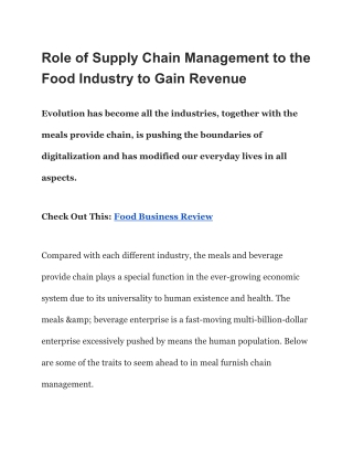 Role of Supply Chain Management to the Food Industry to Gain Revenue