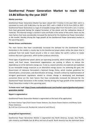 Geothermal Power Generation Market