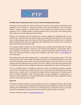 PTP Offers Sales Training Courses with a Focus on Action Planning and Deal Closing