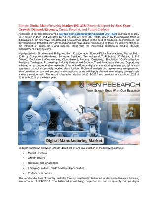 Europe Digital Manufacturing Market Size, Share, Trends (2021-2031) PDF Report