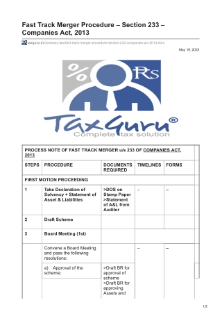 Fast Track Merger Procedure – Section 233 – Companies Act, 2013