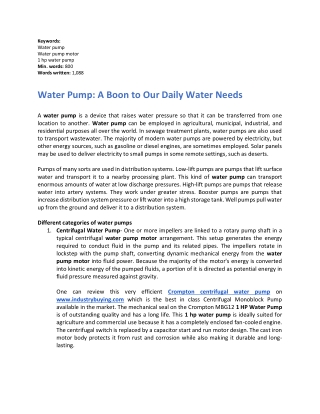 Water Pump A Boon to Our Daily Water Needs