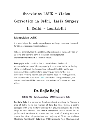 Monovision LASIK - Lasik Surgery In Delhi