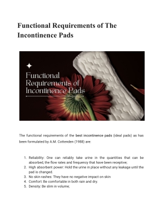 Functional Requirements of The Incontinence Pads