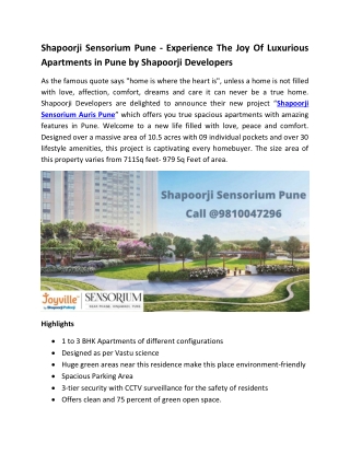 Shapoorji Sensorium Pune - Experience The Nature Of Luxurious Apartments in Pune