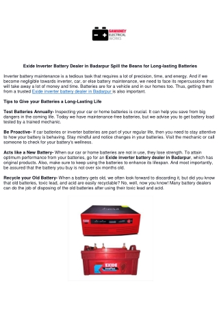 Exide Inverter Battery Dealer in Badarpur Spill the Beans for Long-lasting Batteries