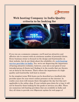 Web hosting Company in India Quality criteria to be looking for