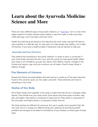 Learn about the Ayurveda Medicine Science and More