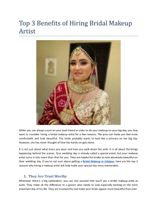 Top 3 Benefits of Hiring Bridal Makeup Artist