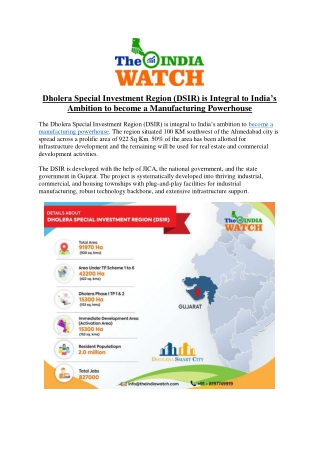 Dholera Special Investment Region (DSIR) is Integral to India’s Ambition to become a Manufacturing Powerhouse