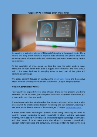 Purpose Of An IoT-Based Smart Water Meter