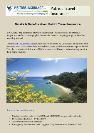 Details & Benefits about Patriot Travel Insurance