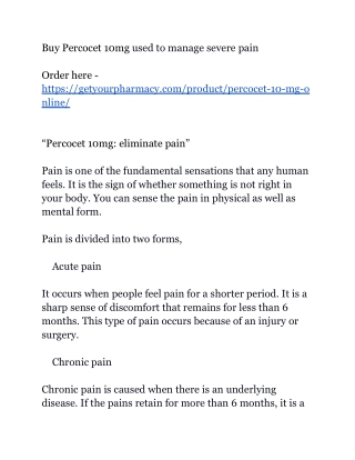 Buy Percocet 10mg used to manage severe pain