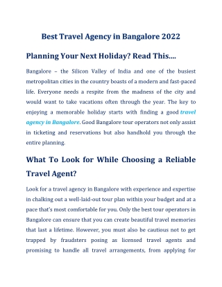 Best Travel Agency in Bangalore 2022 | GT Holidays