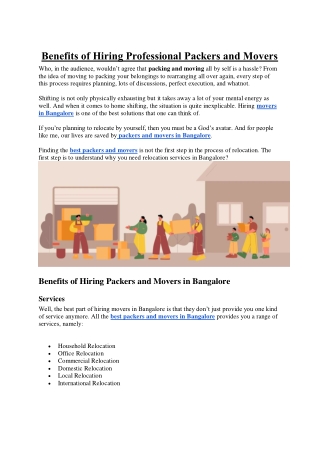 Benefits of Hiring Professional Packers and Movers Bangalore