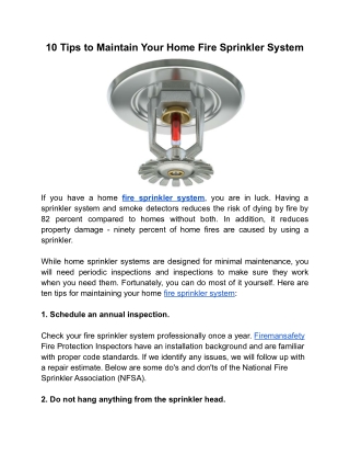 10 Tips to Maintain Your Home Fire Sprinkler System